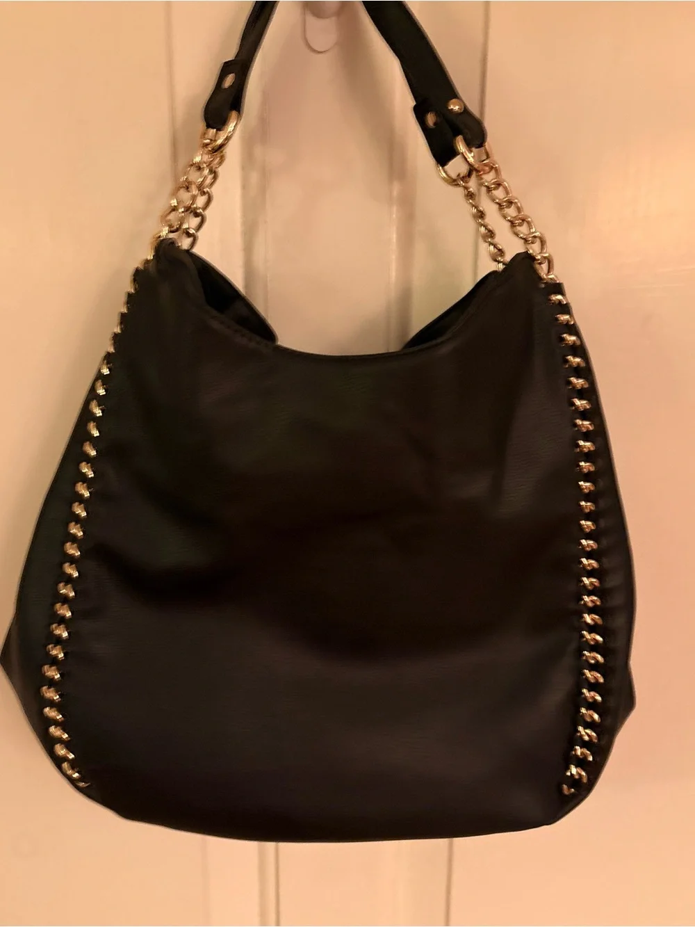 BEBE Colette Black Hobo Shoulder Bag Gold Chain Hardware Large Purse Tote NWOT